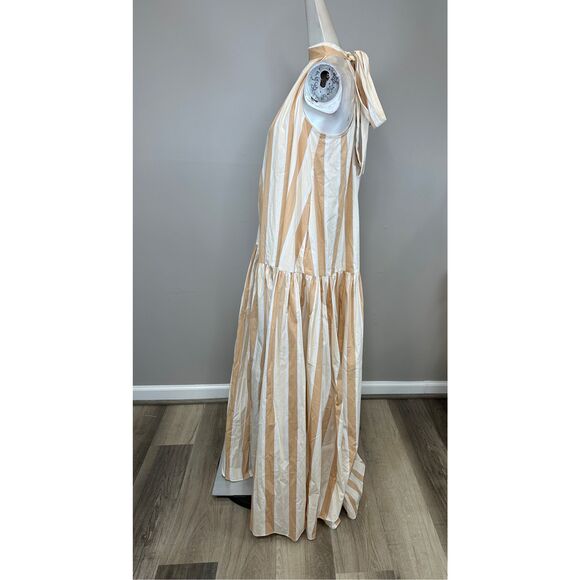 NWT Staud Marlowe Striped Halter Tie Neck Sleeveless Midi Dress Tan White Small - Picture 7 of 10